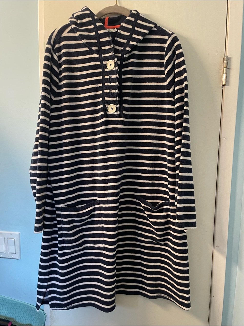 Boden Navy and White Striped Hooded Swim Coverup
